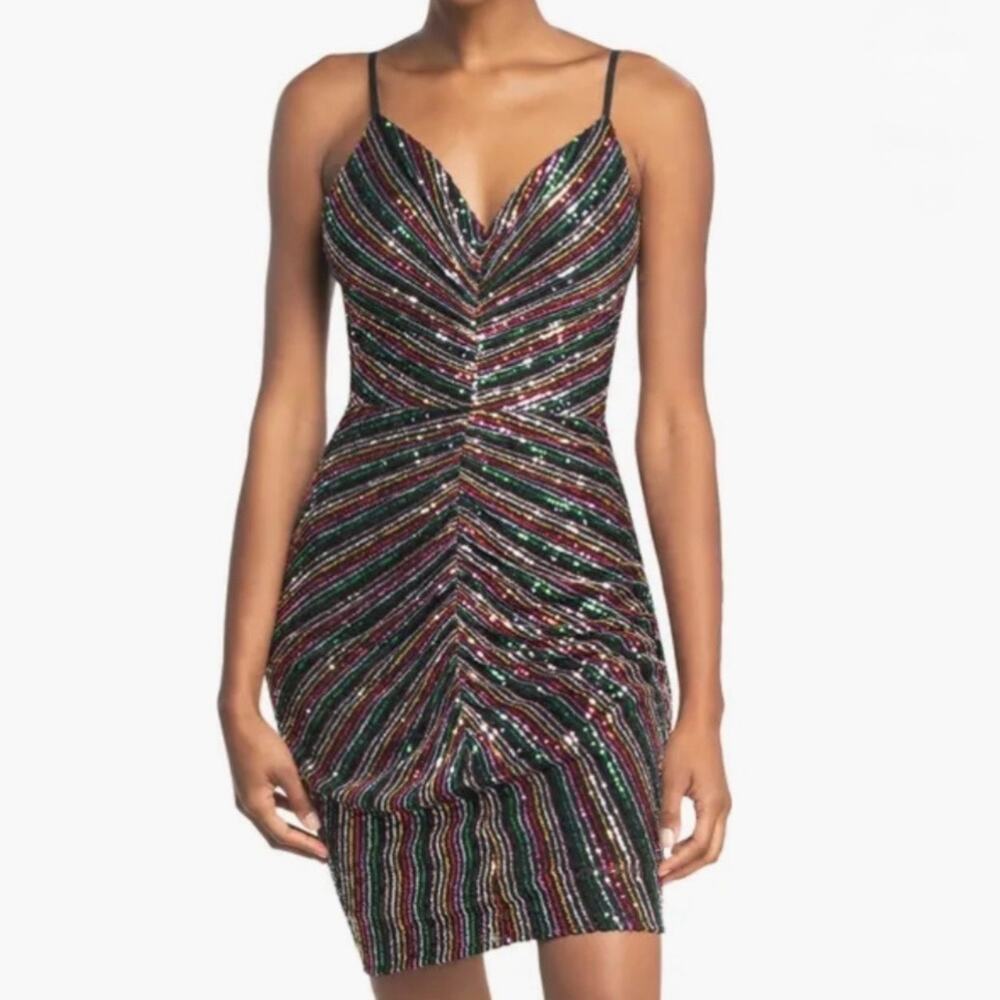 Dress the Population | NWT Viviane Rainbow Sequin Ruched Mini Dress